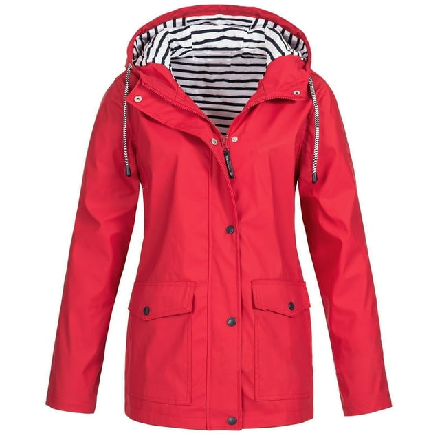 Fridja Womens Solid Rain Jacket Outdoor Plus Size Waterproof Hooded Raincoat Windproof