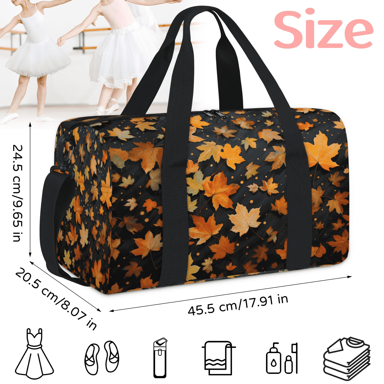 Herdesigns Maple Leaves Gym Bag for Women, Duffle Bag for Travel Sport, Lightweight Waterproof Carry on Weekender Overnight Dance Yoga Workout Bags