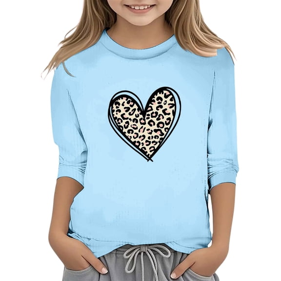 Byoo Leopard Heart Print Big Girl T Shirt Valentine 3/4 Sleeve Round Neck Active Pullover T-Shirt Soft Daily Kids Tee Top