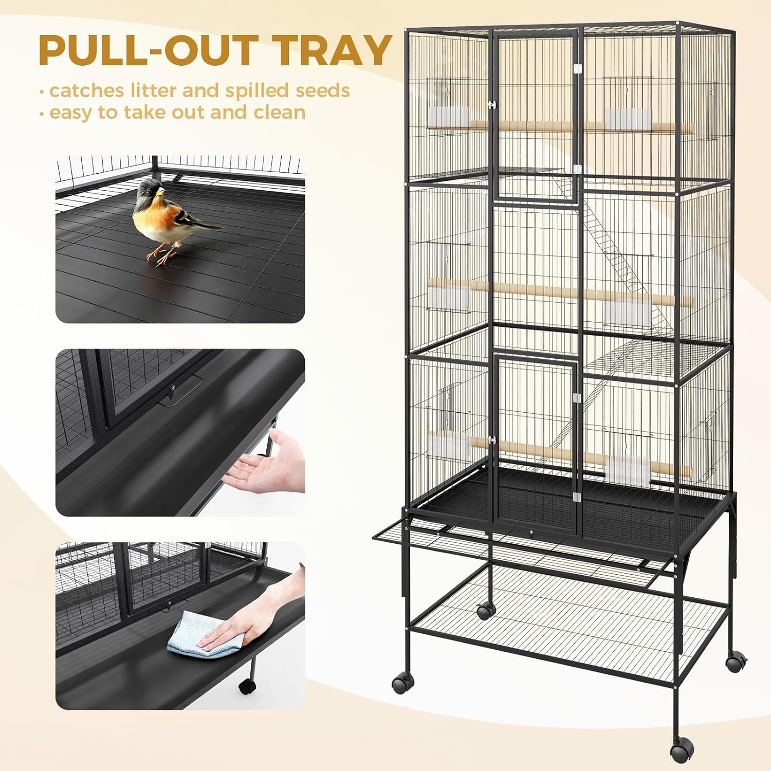 69 Inch Extra Large Wrought Iron Bird Cage for Parrots - Flight Cage with Storage Shelf & Stand, for Cockatiels, Conures, Parakeets, Lovebirds, and Finches