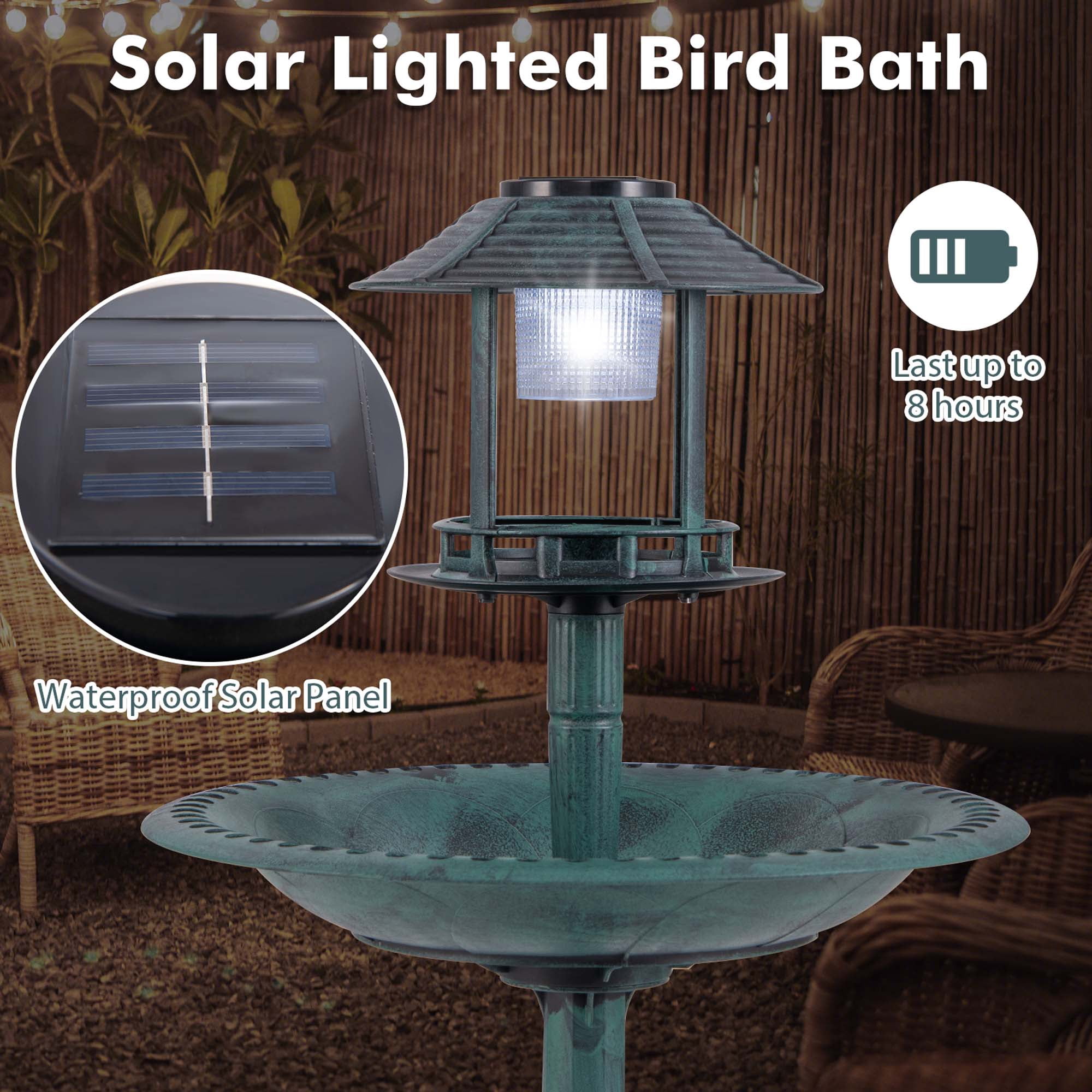 Costway 3-In-1 Pedestal Bird Bath with Solar Light with Bird Feeder & Flower Planter Bronze