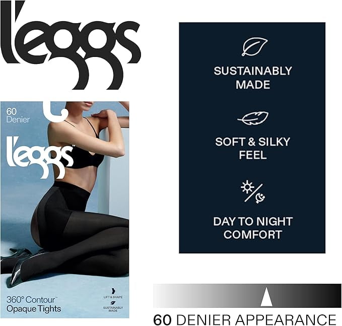 L'eggs 360 Contour Women's Opaque Tights, 60 Denier, Black, Sizes up to 2XL