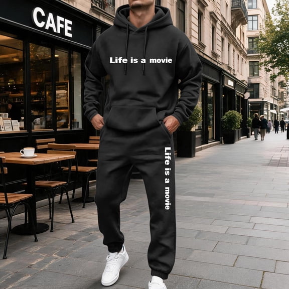 Men's 2 Piece Sweatsuit Hoodie Tracksuit Set Long Sleeve Pullover Outfit with Pockets Elastic Waist Drawstring Casual Athletic Jogging Gym Running Winter Workout Black L