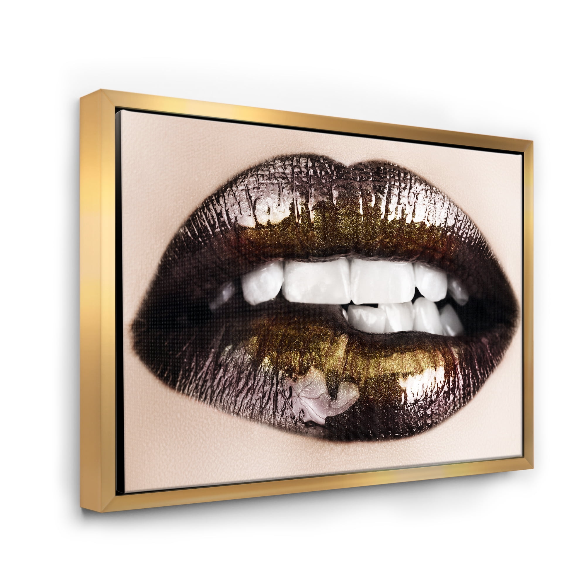 Designart 'Gold Black Lips Biting' Modern Framed Canvas Wall Art Print