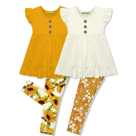 Millie Loves Lily Girls Marigold & Cream 4-pc Cotton Top & Printed Legging Set Big Girls Size 10