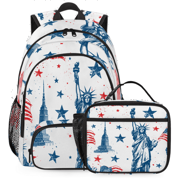Herdesigns American Flag Backpack with Lunch Box Statue of Liberty Lightweight Large Travel Work Laptop Backpacks Set Casual Daypacks