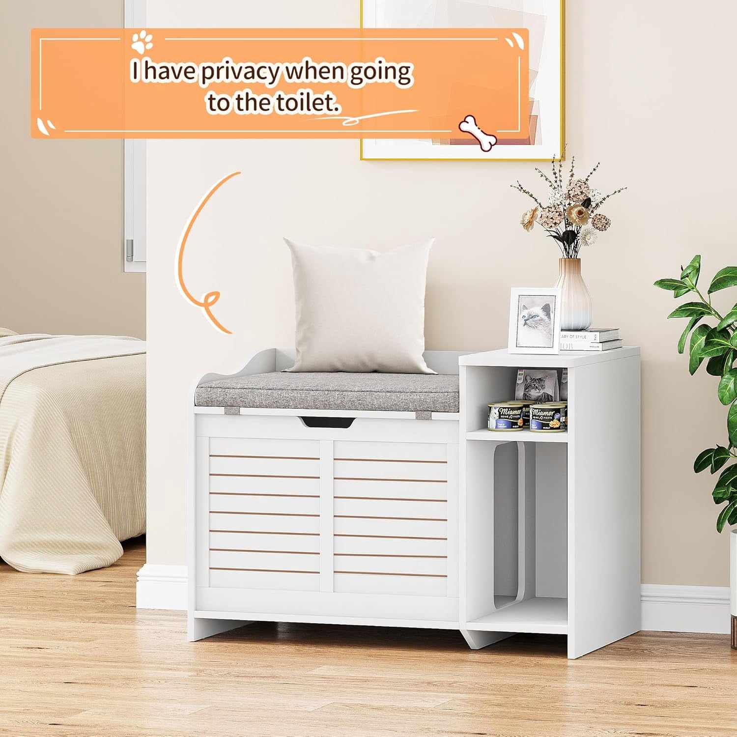 Hidden Cat Litter Box Furniture, Flip-Top Entryway Bench with Storage & Ventilation