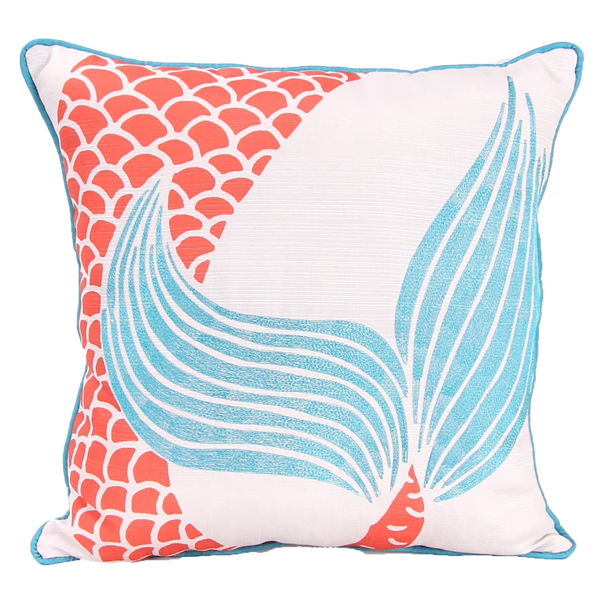 Jordan Manufacturing 18" x 18" Turquoise, Coral and Cream Mermaid Tail Nautical Square Reversible Decorative Throw Pillow with Welt