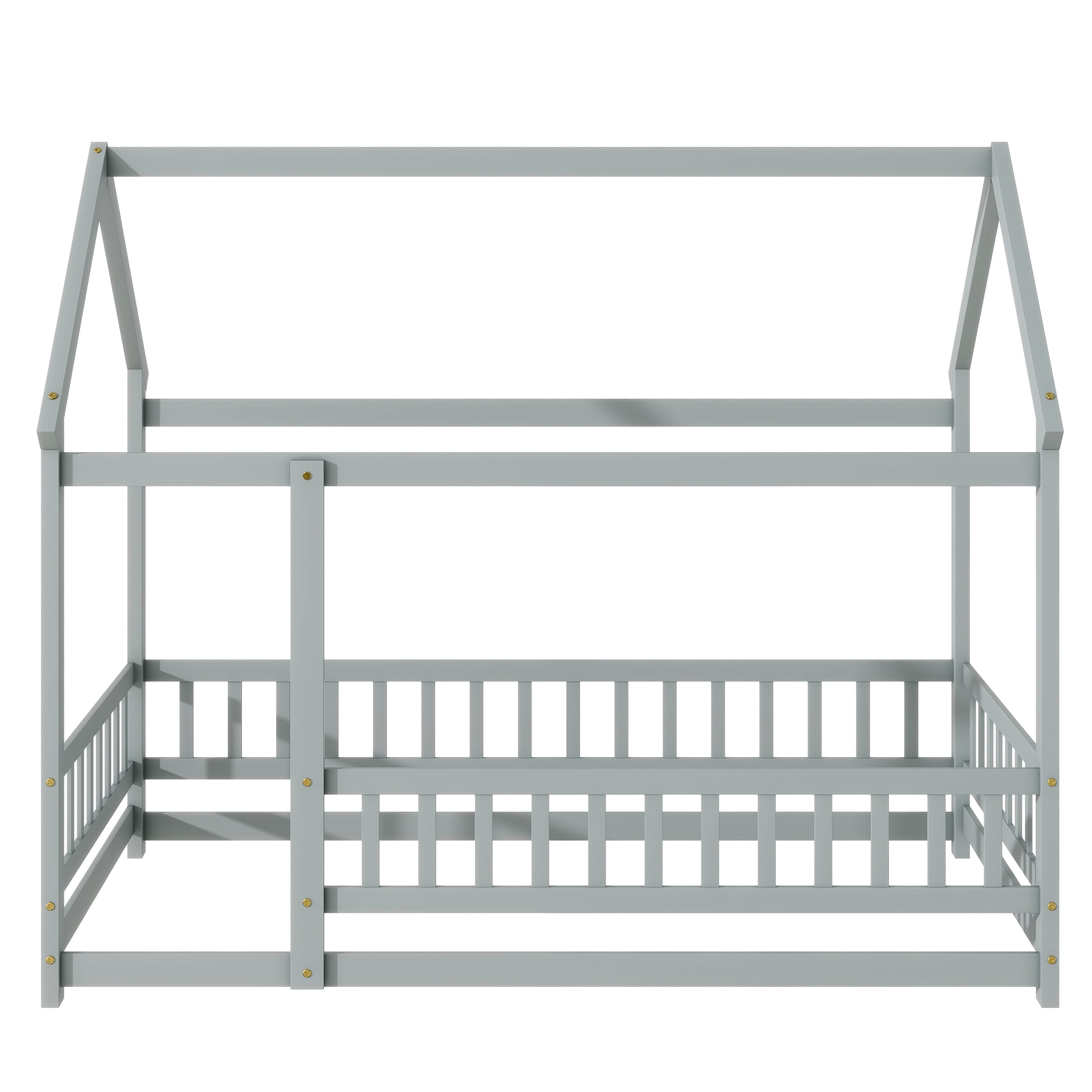 Aukfa Twin Size House Bed with Roof, Wood Floor Bed Frame with Fence for Kids Toddler, Gray
