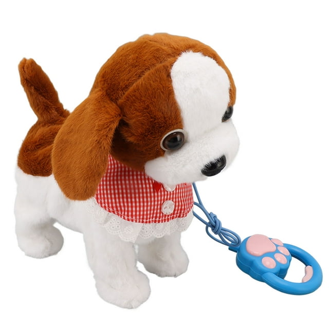 mascota electrónica de peluche bailando, cachorro que camina y ladra creado magistralmente — cachorro de peluche marrón y blanco de 24 cm con pañuelo rojo a cuadros y botones, pelaje de algodón y poliéster, mando en forma de huella azul con cable de 68 cm y ojos plásticos grandes; funciones según especificación: imitación de voz, 5 tipos de voz mimada y 8 canciones en inglés, se envía sin baterías. También se usa a menudo como juguete interactivo sensorial para apoyar el juego y la empatía.