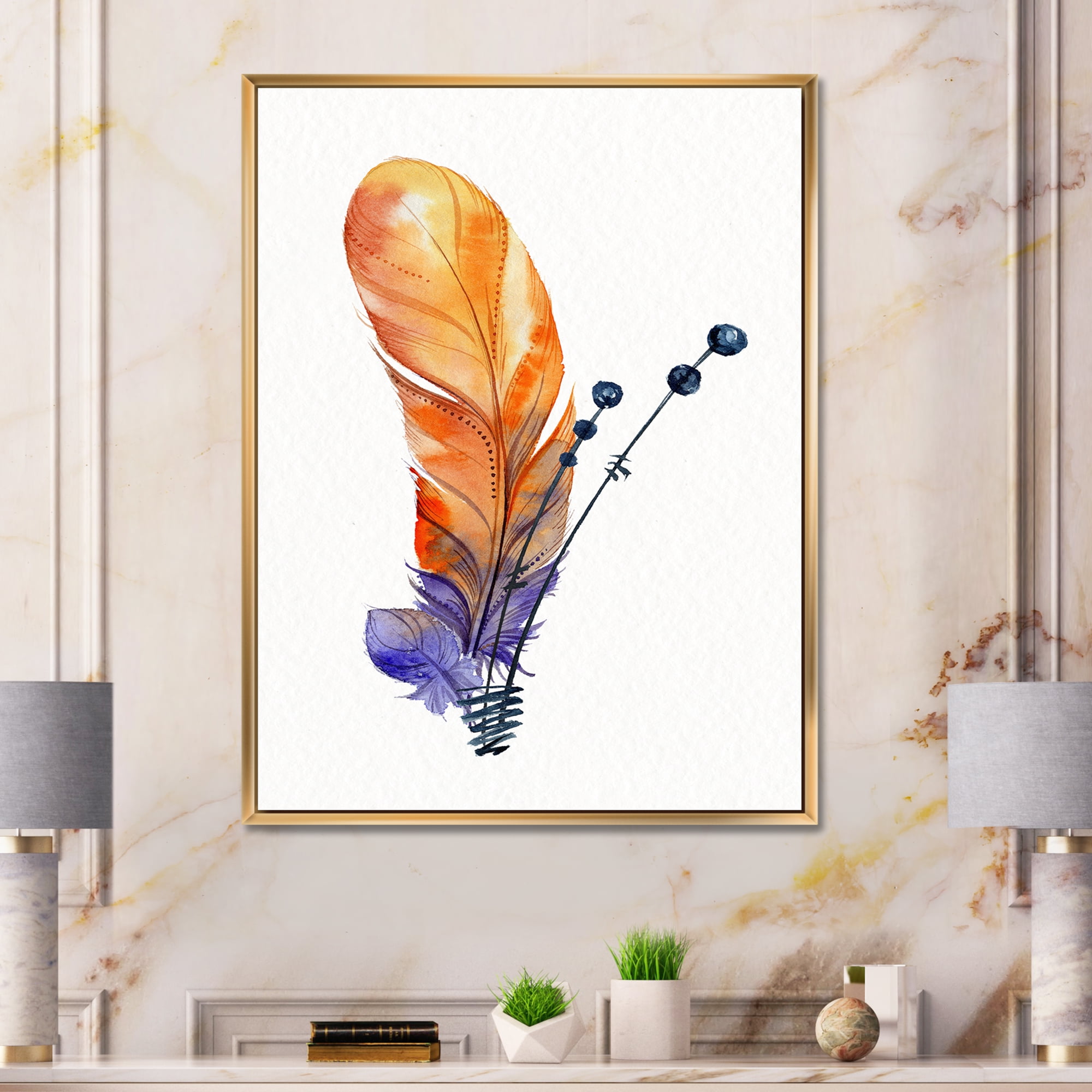 Designart 'Ethnic Orange Animal Feather Composition' Bohemian & Eclectic Framed Canvas Wall Art Print