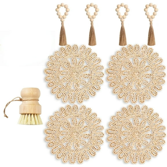 Woven Placemats Set of 4, 13" Boho Round Woven Natural Placemats, Wicker Placemats, Rattan Placemats, Braided Plate Chargers, with Wooden Brush and 4 Napkin Rings (Natural Corn Husk - Flower Style)