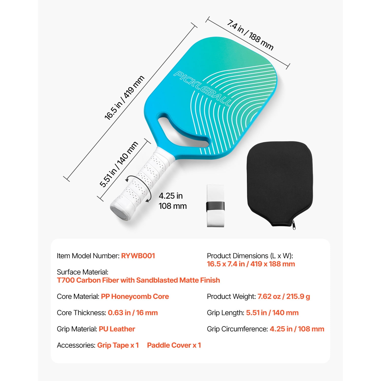 KFFKFF Pickleball Paddleswith Aero Throat 16MM Honeycomb Core Practice Pickleball Trainer Paddle T700 Raw Carbon Fiber Construction