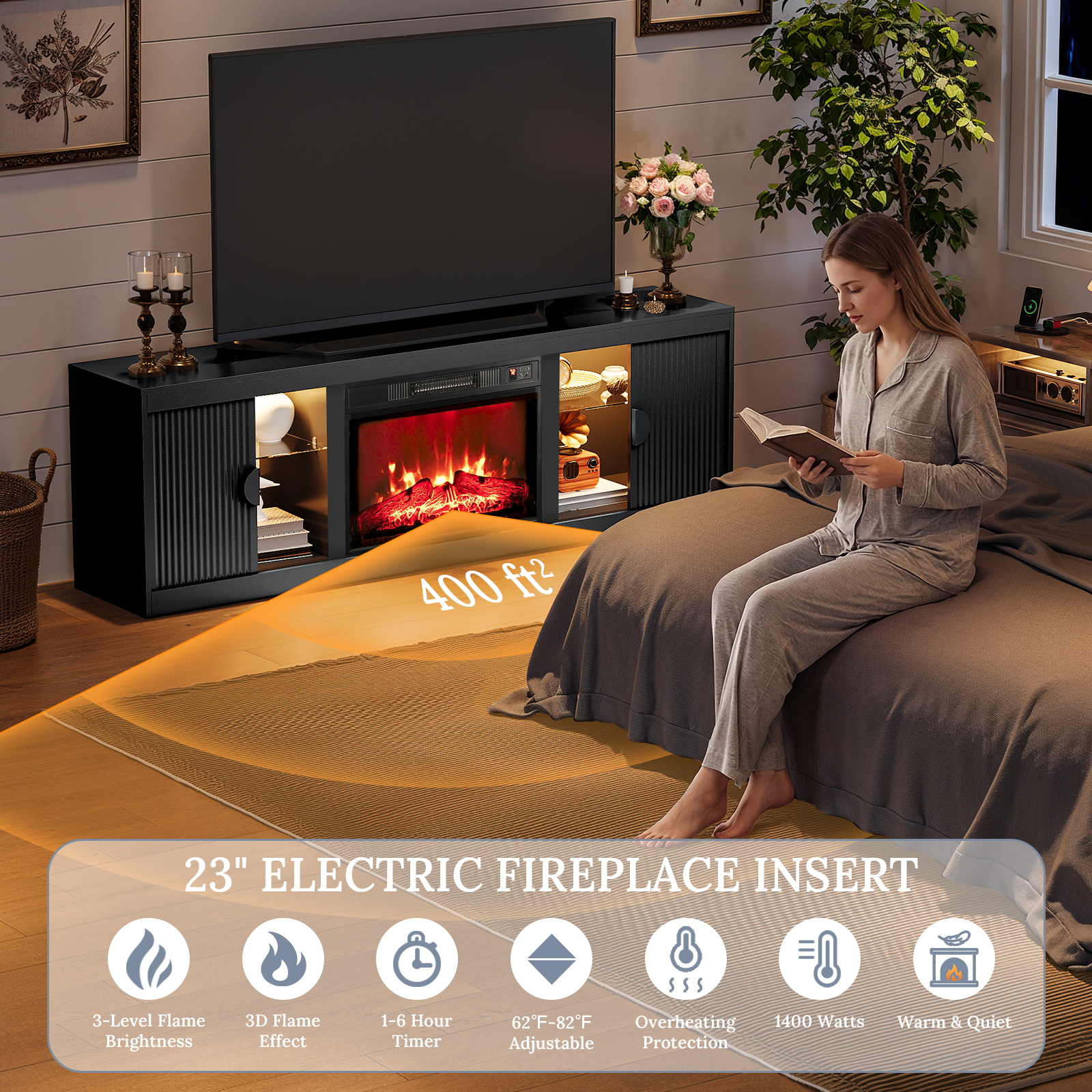 Holliwill 70" Fireplace TV Stand with LED Lights, Black photo 7