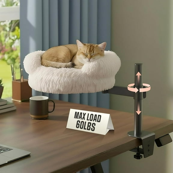 60LB Capacity – Ultra-Plush Desk Mounted Perch Attachment, Table Cat Bed for Computer Desk, Cat Desk Bed with 360° Rotation & Height Adjustment, Washable Fluffy Hammock