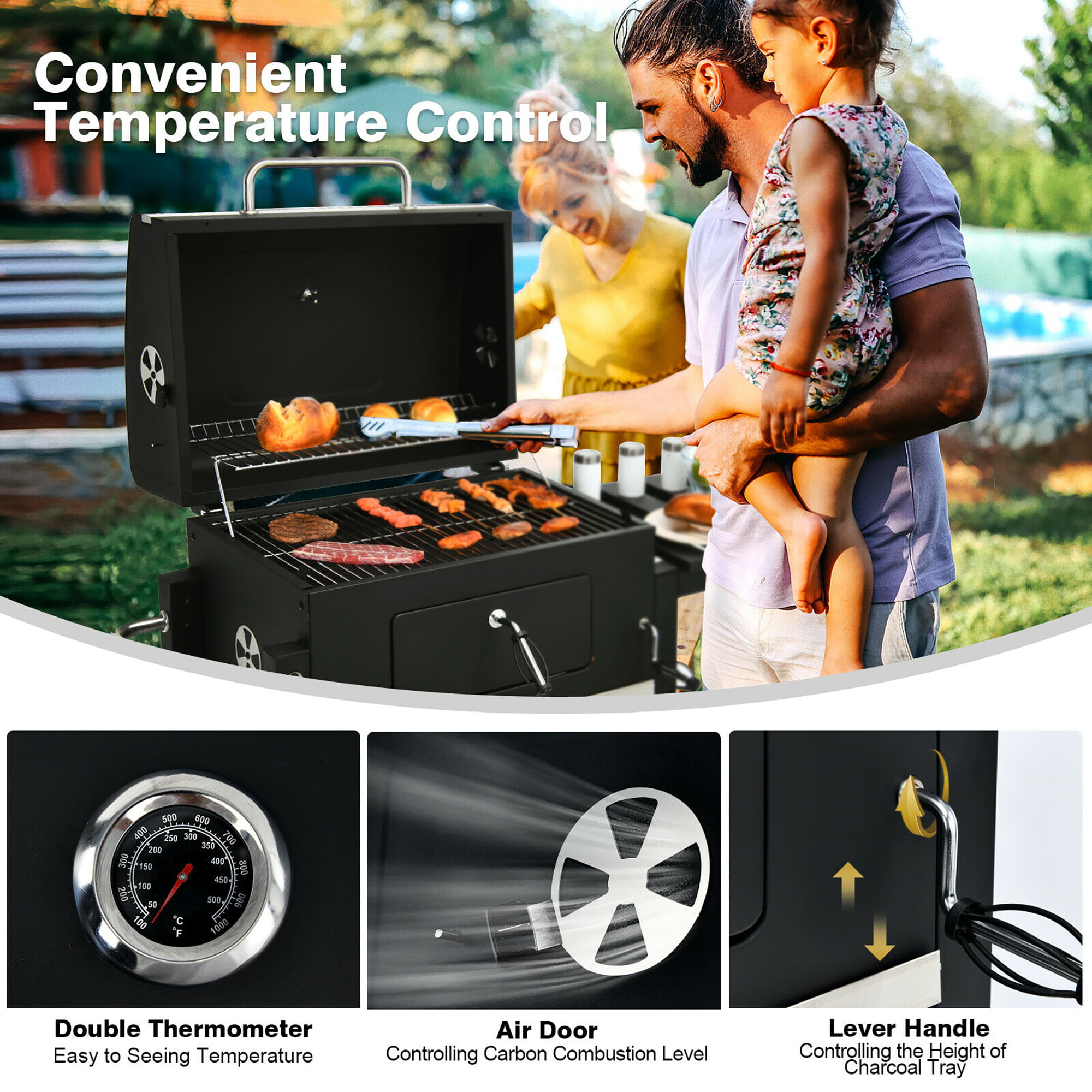 3-in-1 Charcoal BBQ Grill Cambo with Built-in Thermometer | Costway