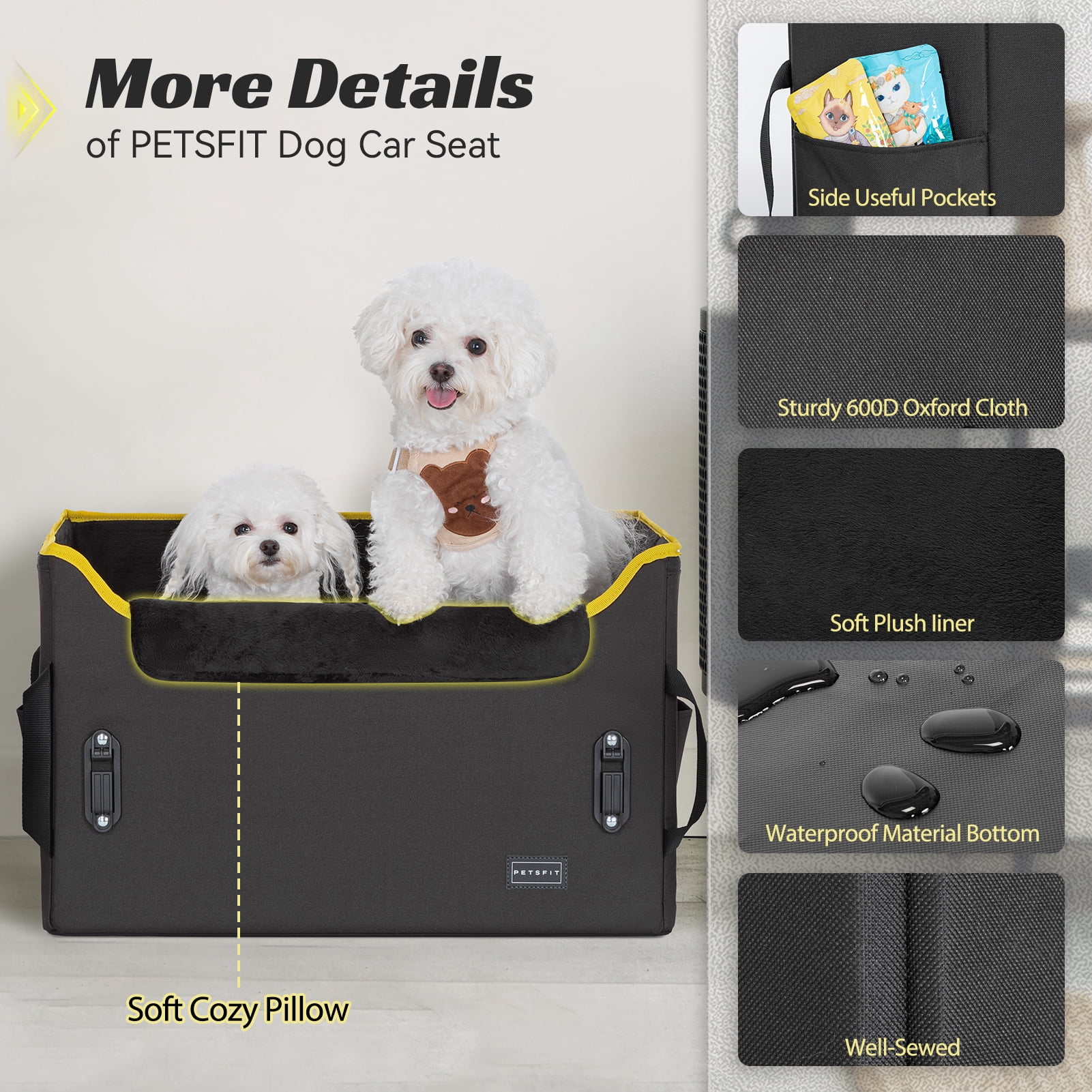 PETSFIT Dog Car Seat , Dog Car Seat for Medium Dog with 2 Clip-On Safety Leashes and Patented Buckles, Under 45Lbs (Black)