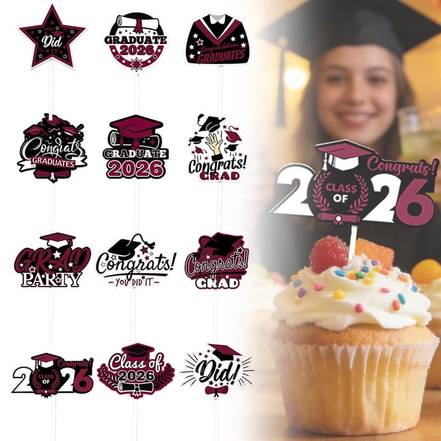 Graduation Cupcake Toppers Glitter Class Of 2026 Congrats Grad Cap Cupcake Picks For Graduation Decorations
