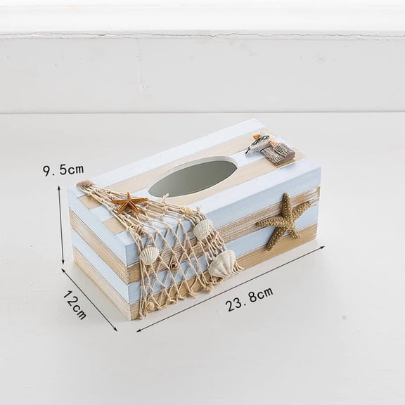 Sinkoo Beach Tissue Box Cover, Wooden Facial Tissue Cover, Starfish Seashell Decor, Farmhouse Bathroom Accessories Household Decorations Ornaments