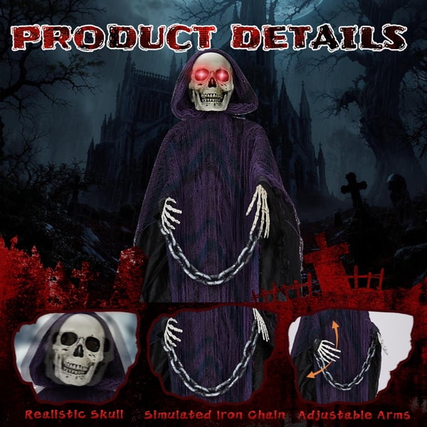 6FT Life Size Animatronic Grim Reaper Halloween Decoration, Sound Activated with Glowing Red Eyes, Moving Head & Hands, Scary Voice Phrases Battery Operated for Yard Haunted House Party Decor