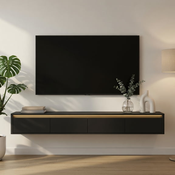 Topcobe Floating TV Stand, Wall Mounted TV Shelf with LED Lights & Power Outlet, High Gloss TV Cabinet, Floating TV Console Wall Mounted, Black TV Stands for Living Room, Black