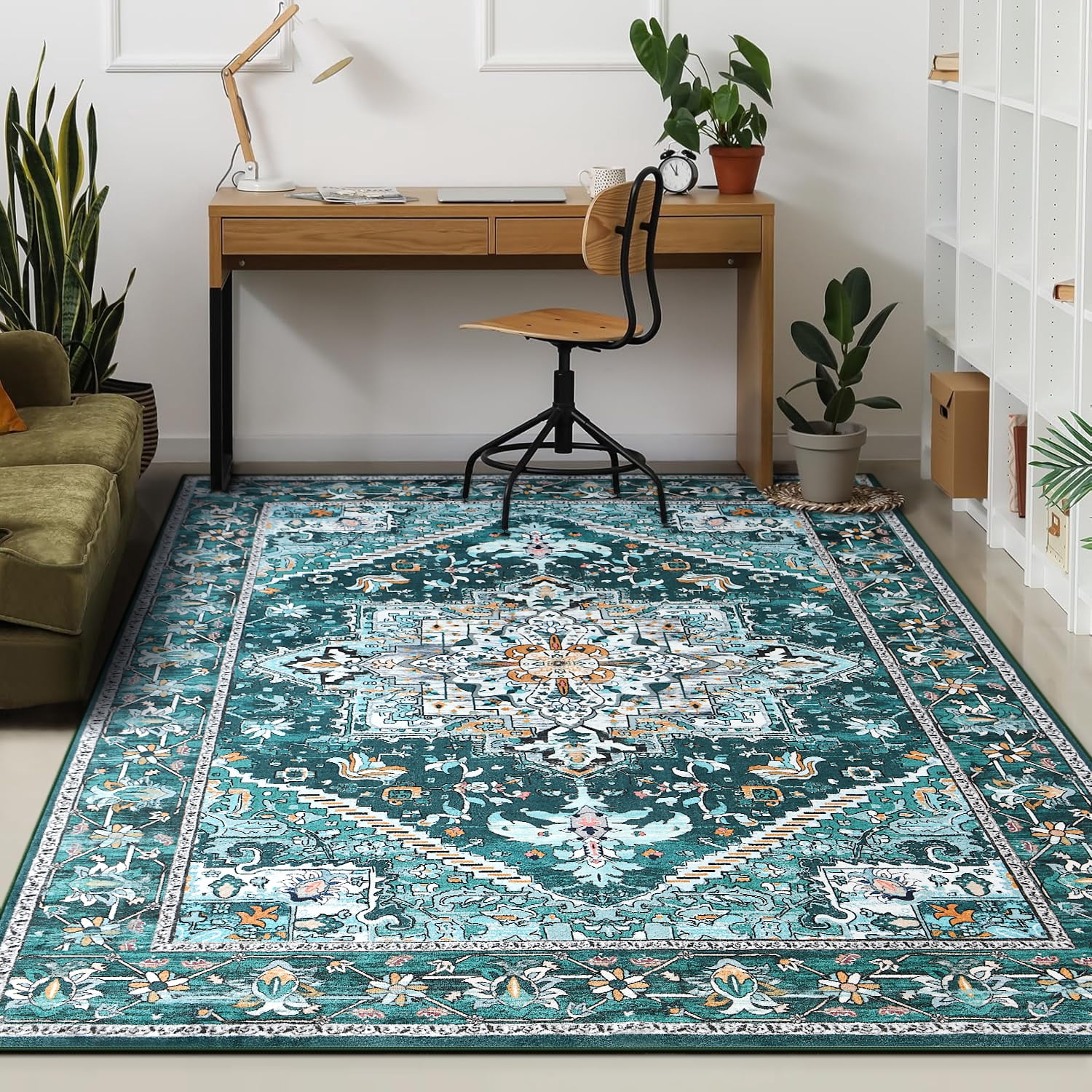 Homore Vintage Boho Oriental Medallion Area Rug, 5' x 8', Green