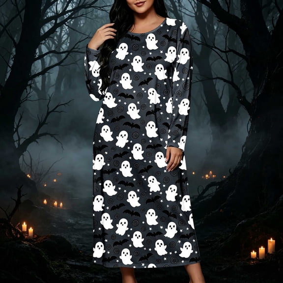 SELONE Nightgowns Long Sleeve for Women Plus Size Crew Neck Maxi Sleep Shirt Ghost Bats Nighties Halloween Dress