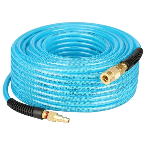 YOTOO Reinforced Polyurethane Air Hose 1/4" Inner Diameter by 100' Long, Flexible, Heavy Duty Air Compressor Hose with Bend Restrictor, 1/4" Swivel Industrial Quick Coup