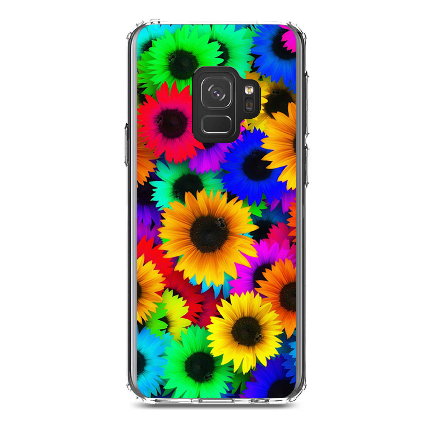 DistinctInk Clear Shockproof Hybrid Case for Samsung Galaxy S9 (5.8' Screen) - TPU Bumper, Acrylic Back, Tempered Glass Screen Protector - Red Green Yellow Sunflowers