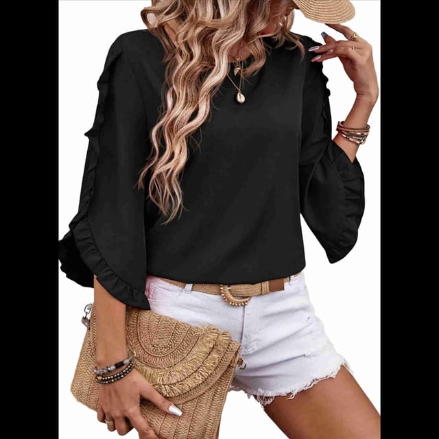 Top de Encaje con Cuello Redondo y Mangas Cuartos Irregulares, Color Negro, Talla S