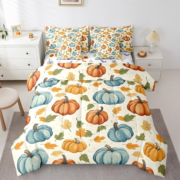 Manfei Autumn Harvest Pumpkin Twin Bedding Sets 7 Pieces,Happy Halloween Bedding Comforter Set 7 Pieces,Orange Maple Leaves Sheet Sets,Microfiber Room Decorative Reversible