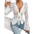 thumbnail image 3 of Lace Tops for Women Long Sleeve See Through Sheer Mesh Crop Top Shirt Open Front Tie Blouse Ruffle Cream White S, 3 of 8