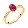 thumbnail image 2 of Gem Stone King 10K Yellow Gold Red Created Ruby and White Diamond Engagement Ring for Women (1.06 Cttw, Gemstone July Birthstone, Oval 7X5MM, Available in Size 5, 6, 7, 8, 9), 2 of 5