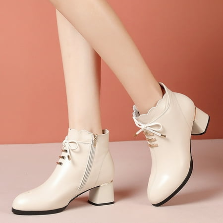 

Christmas Winter Fashion Women Solid Color Autumn Thick Sole Square Heels Zipper Thin Short Booties Round Toe Shoes