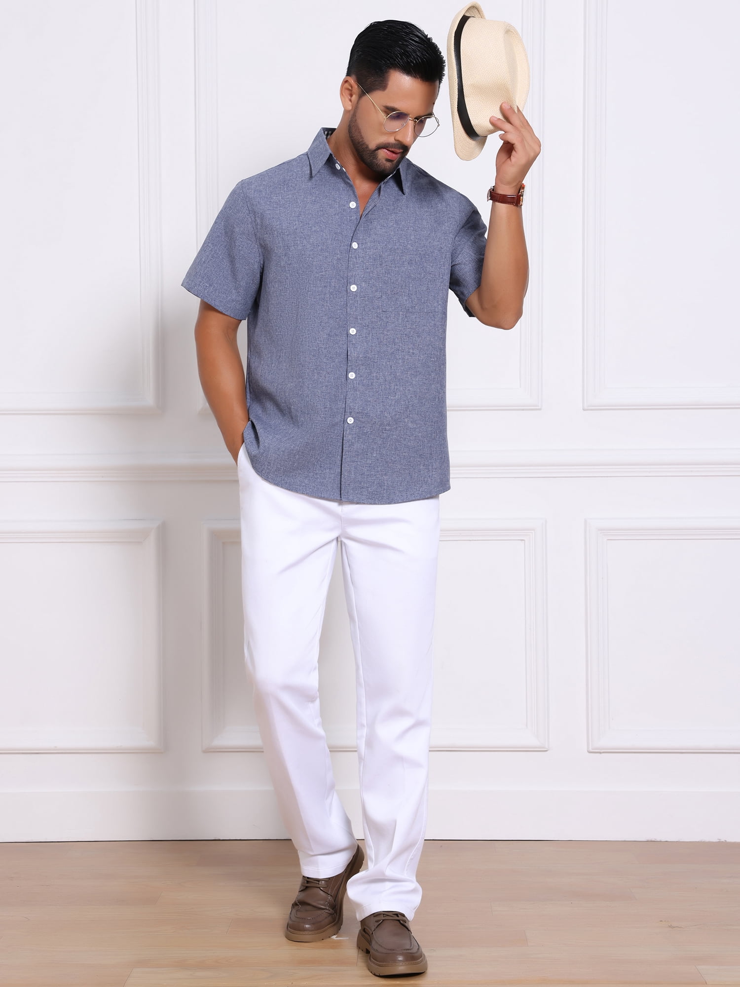 DARING DIVA Men's Plain Linen Short Sleeve Contrast Color Collar Shirts S Denim Blue