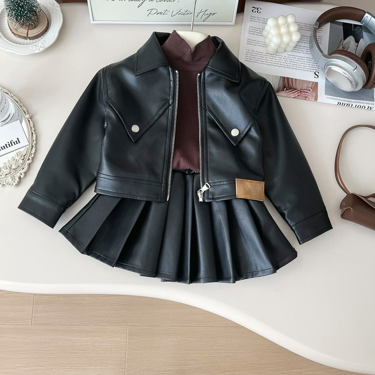 OJinShaWanO Neon Outfits Kids Girls' Leather Coat Pleated