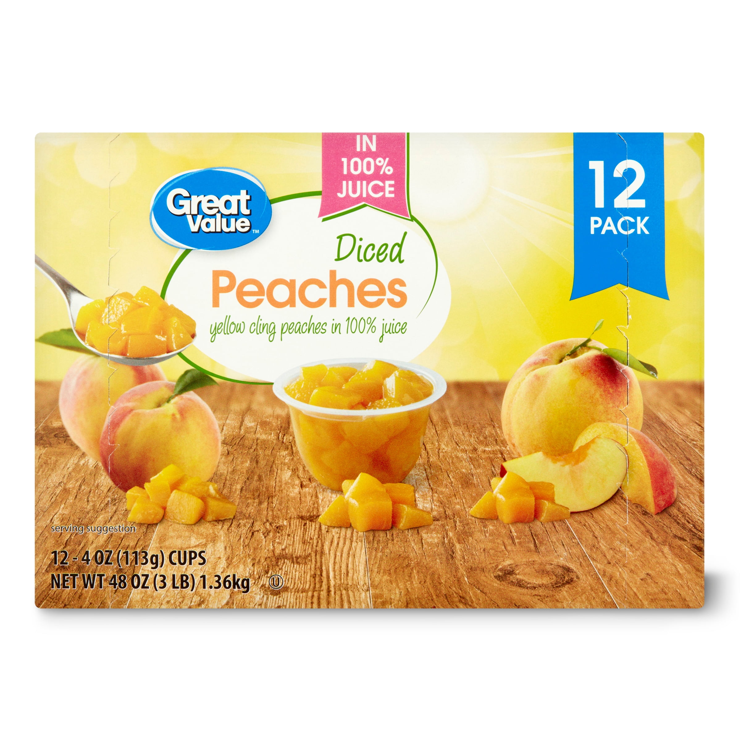 Great Value Diced Yellow Cling Peaches in 100 Juice, 4 oz, 12 Ct