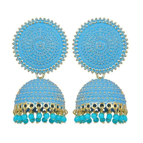 Blue Dome Jhumka Drop Earrings with Beaded Dangles – Traditional Round Stud Ethnic Danglers Jewelry