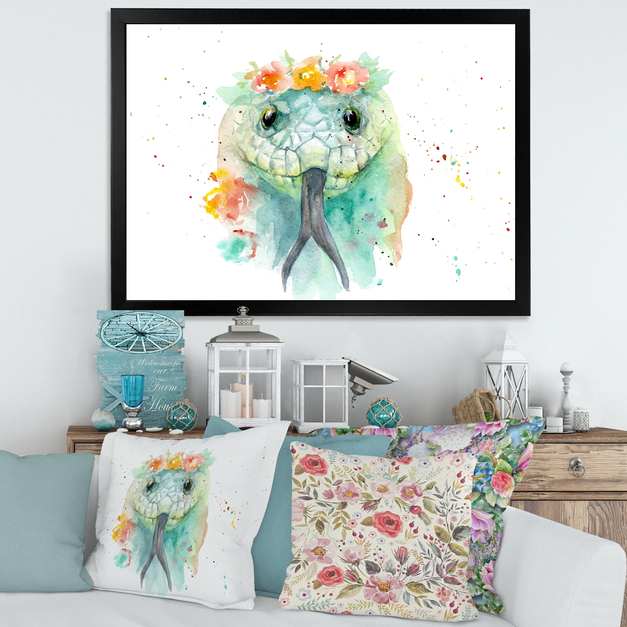 Designart 'Portrait A Green Snake In Flowers' Farmhouse Framed Art Print