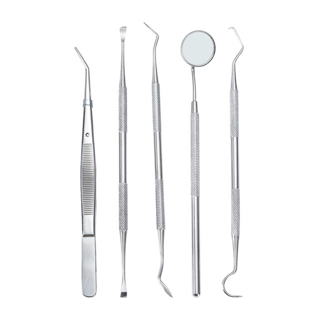 Amdohai 5pcs Stainless Steel Tools Kit featuring a tartar scraper, anti-fog mouth mirror, dentist pick tool, and scaler. Made of durable stainless steel, this silver dental tool kit is designed for professional and family use, ideal for removing tartar, plaque, and debris from teeth and gums. Includes five instruments with textured handles for a secure grip.