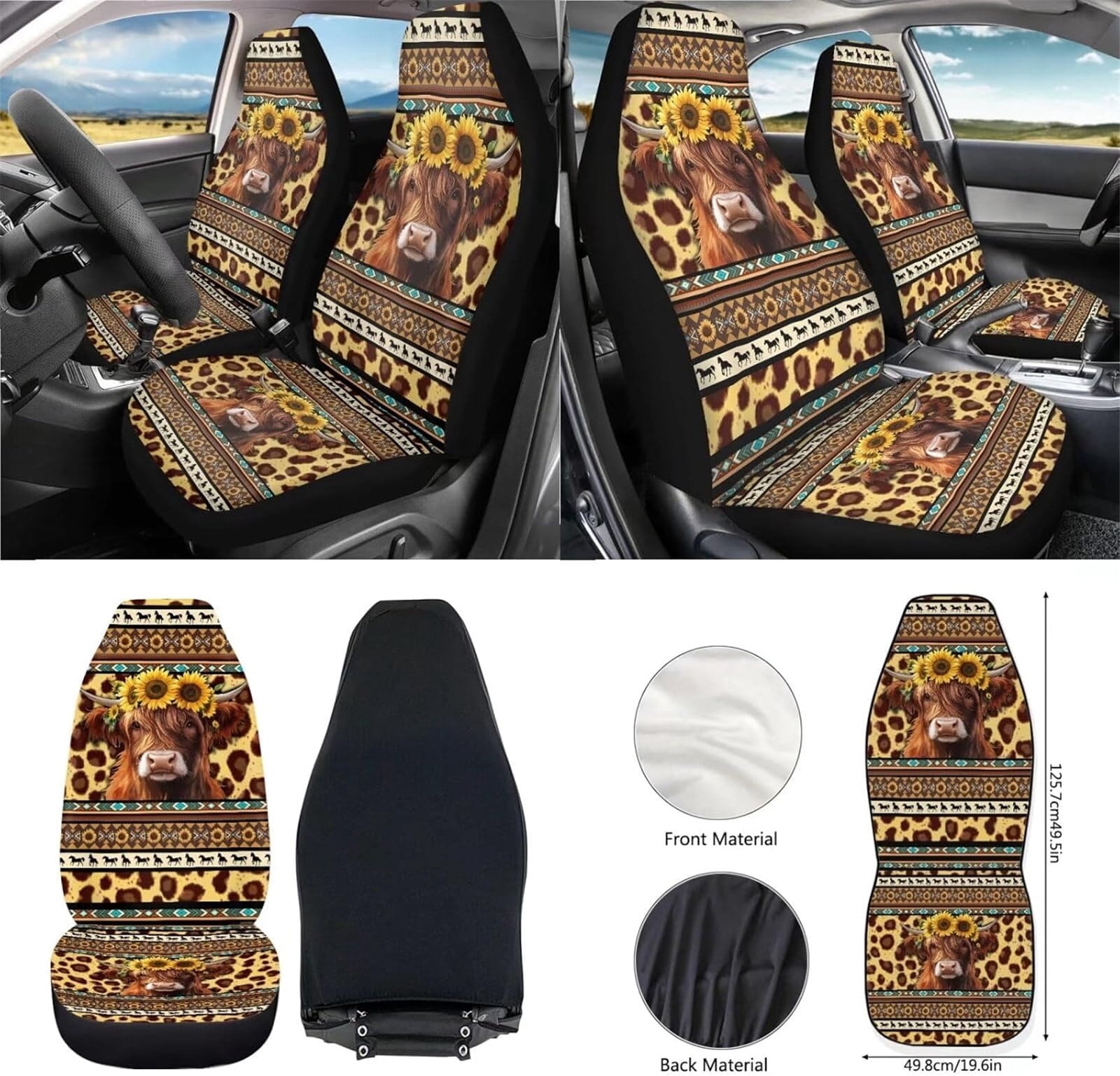 Yuyamidu Highland Cow Front Car Seat Covers Full Set of 12 Aztec Steering Wheel Cover Seat Belt Armrest Cover Trash Can Air Vent Holder Rear View Mirror Cover Coasters Keychain Auto Interior Decor