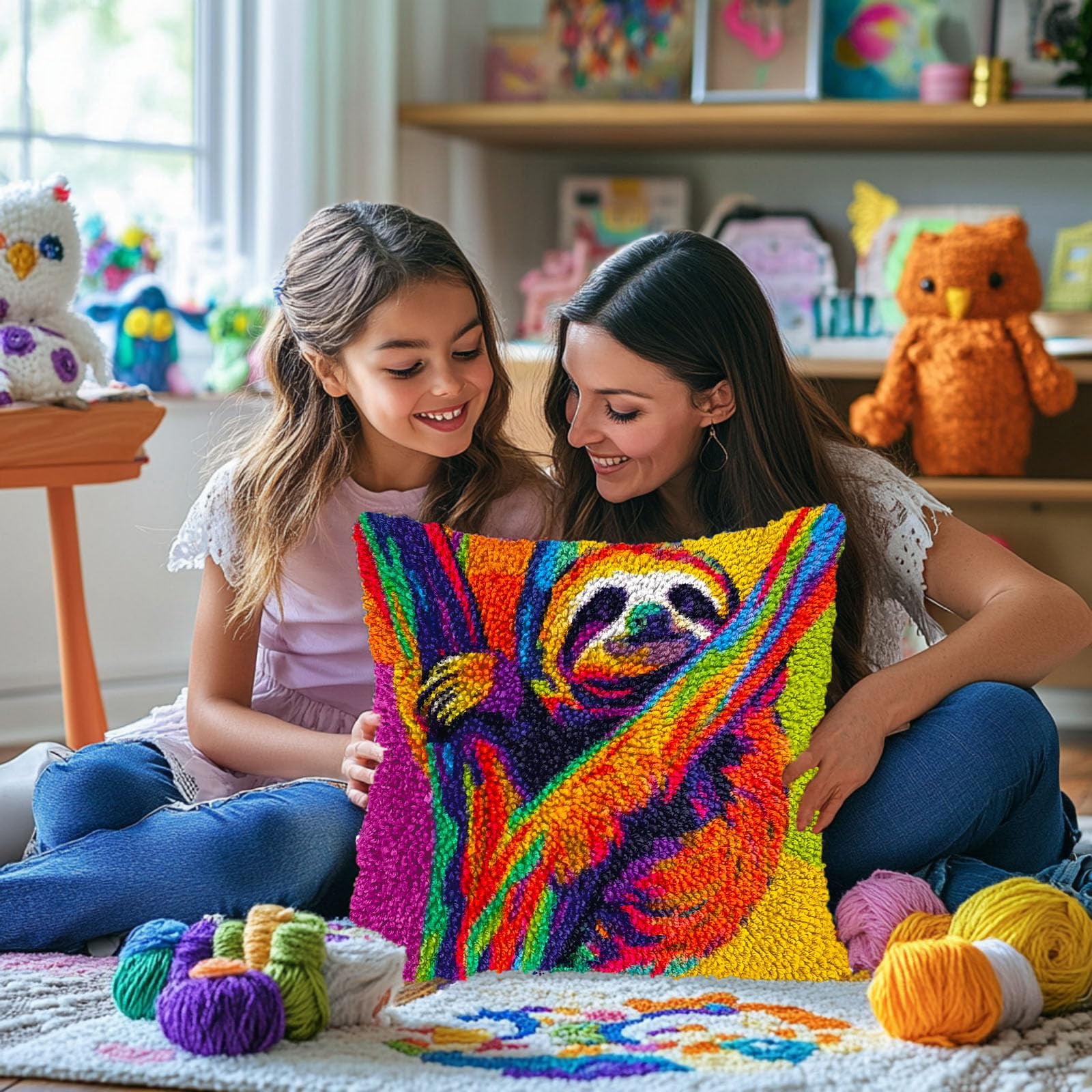 Colored Sloth on Tree DIY Latch Hook Pillow Kits for Adults Printed Pillowcase Crochet Yarns Hooking Handmade Pillow Cover Cushion for Home Sofa Decoration 17x17inch(2)