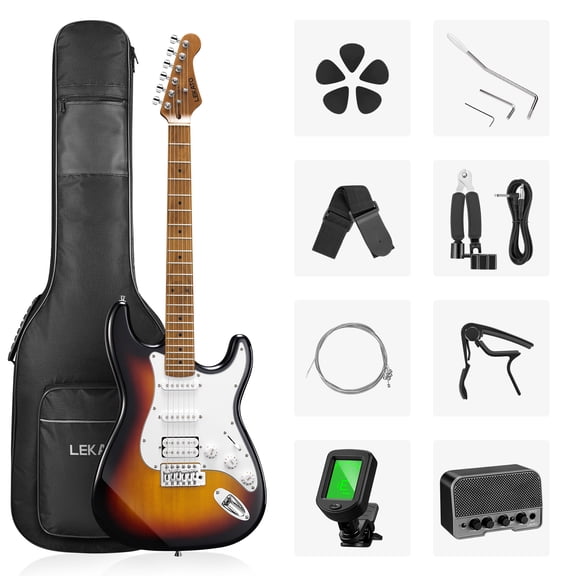 LEKATO 39-inch Electric Guitar Kit for Beginner Roasted Maple Neck & Fingerboard Stainless Steel Rounded Head Frets with Amplifier, Bag, Capo, Strap, String, Tuner, Cable, Picks