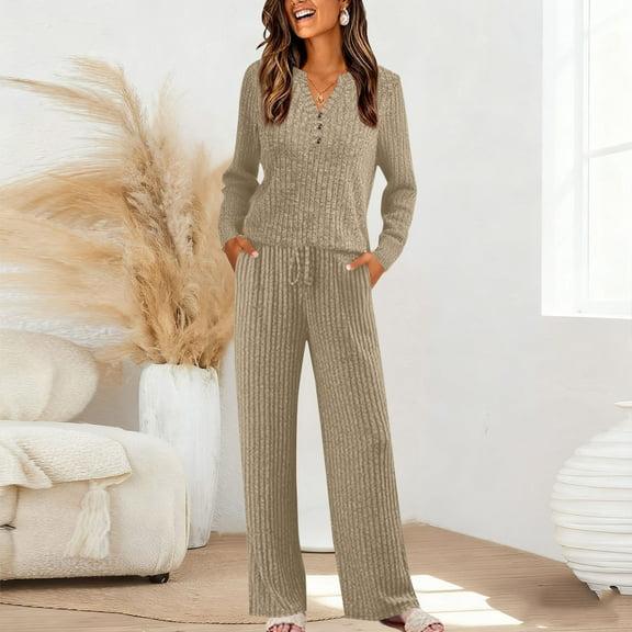 Mifsaly Womens Ribbed Lounge Set Fall Leisure Wear 2 Piece V-Neck 3 Buttons Long Sleeve Pullover Tops & Cozy Wide Leg Pants with Pockets 2025 Matching Airport Travel Business Outfits