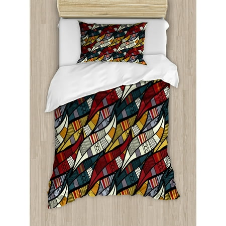 African Duvet Cover Set Diagonal Abstract Leaves With Circles