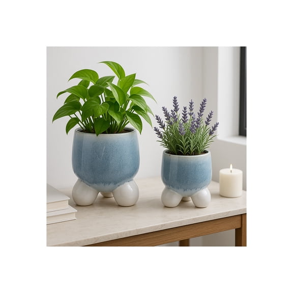 Home Decor Flower Pots and Planters - Ceramic Plant Pots with Sculptural Ball Feet for Indoor or Outdoor Use - Decorative Pots Perfect for Patio or Garden Accent - Set of 2, 11", 8", Blue & White