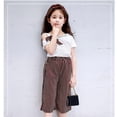 thumbnail image 3 of Toddler Kid Girl Clothes Bow Short Sleeve Top Off Shoulder Shirt High Waisted Shorts Baby Girl Summer Outfit 8-9 Years, 3 of 6