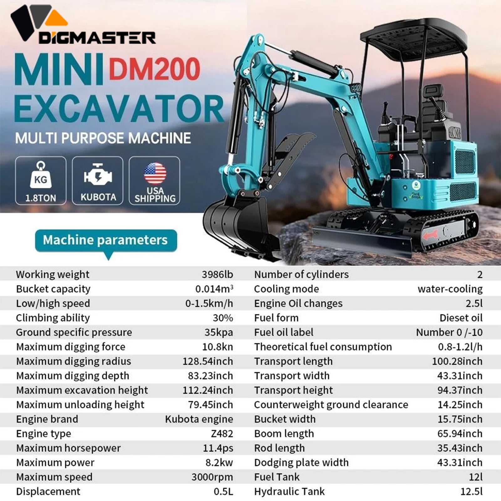 DigMaster 1.8Ton Mini Excavator Kubota Diesel Twin-Cylinder Engine  Hydraulic thumb Compatible Multiple Attachment farms yards forestry and more EPA