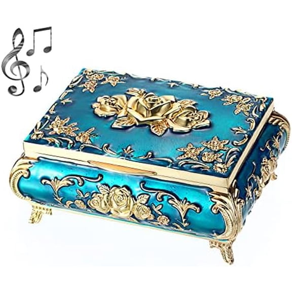 Vintage Music Box, Blue Metal Musical Jewelry Box Keepsake Box, Small Trinket Jewelry Storage Box Gift for Girl Women (Tune: You are My Sunshine)