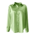 thumbnail image 4 of Long Sleeve Blouses for Women Imitation Satin V Neck Long Sleeve Smooth Casual Office Blouse Trendy Tops Mint Green 2Xl, 4 of 5